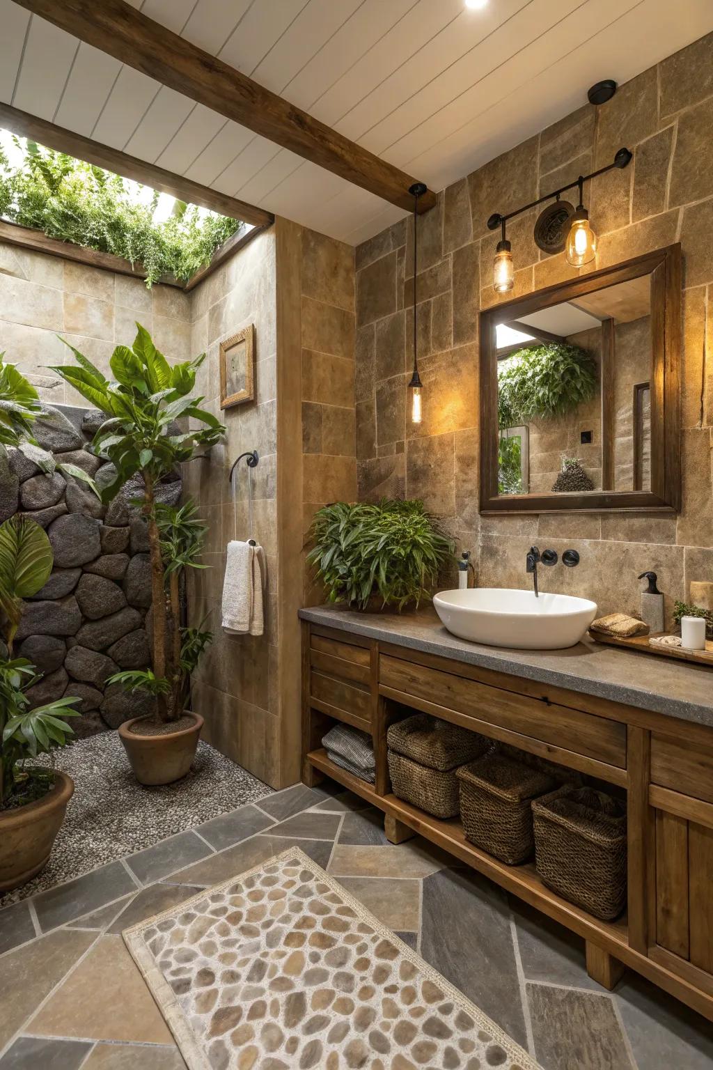 A nature-inspired bathroom sanctuary offers relaxation and serenity.