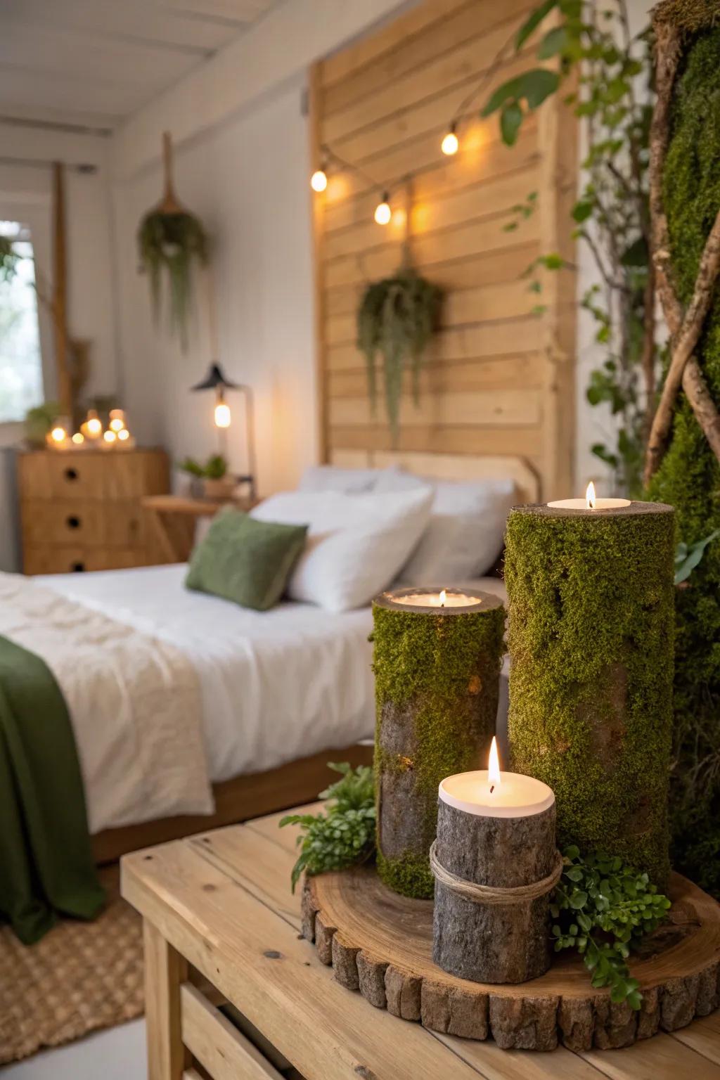 Moss accents build a hint of woodland magic to the bedroom.