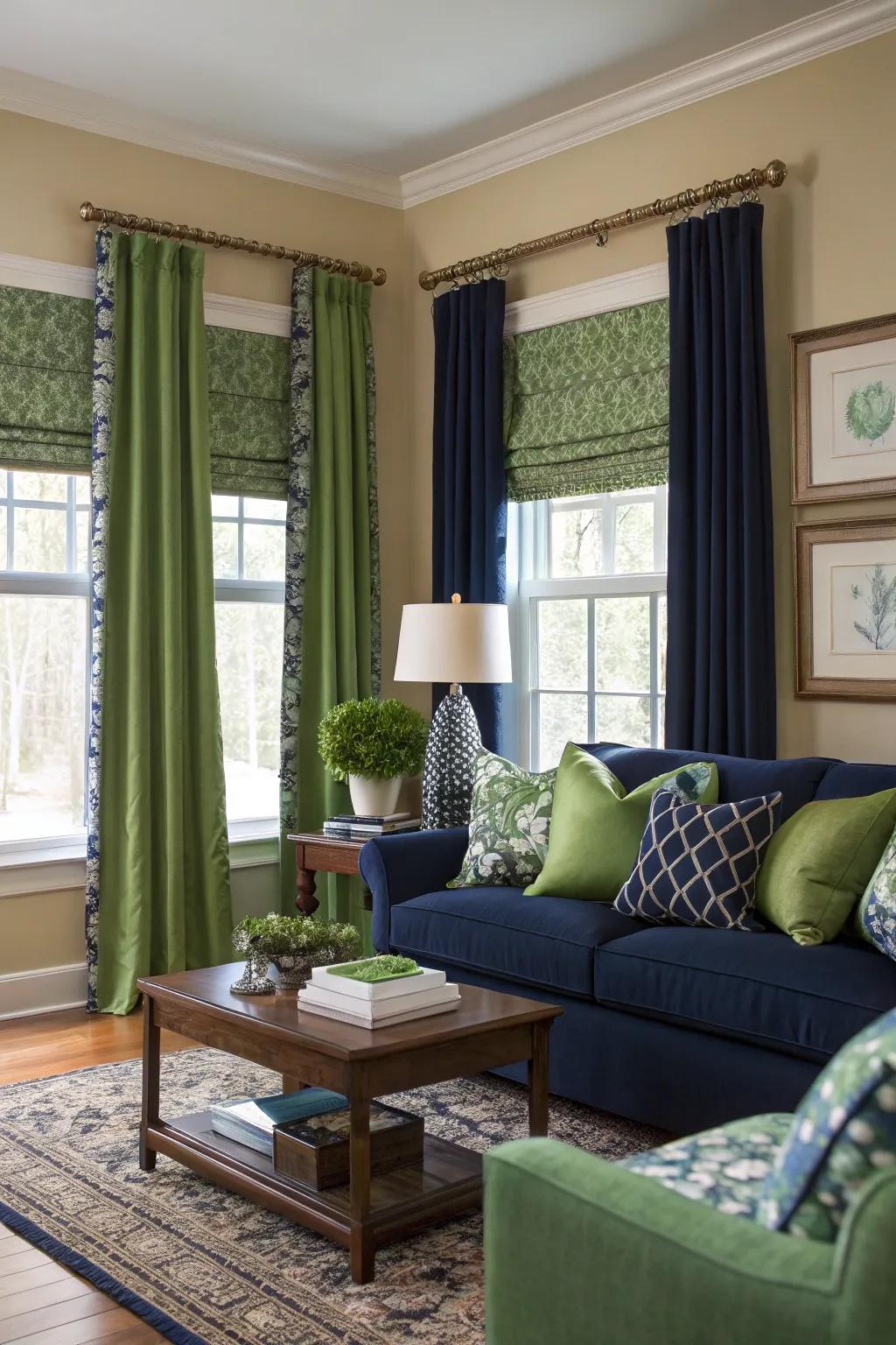 Layered drapes enhance luxury and light control.