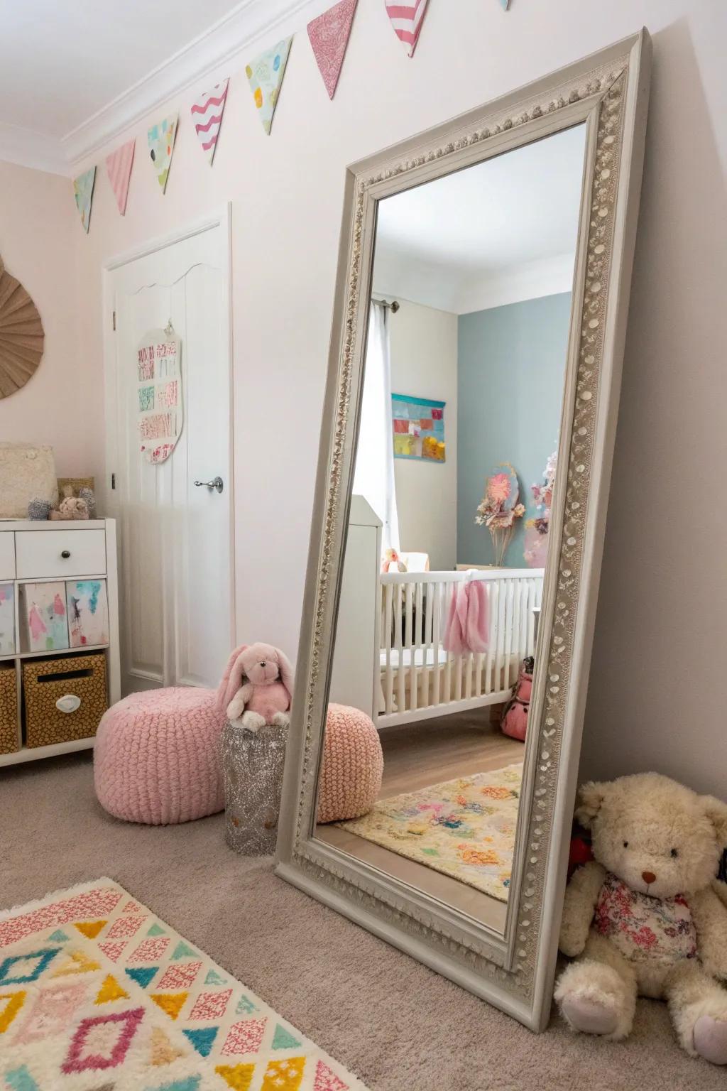 An oversized reflector injects drama and impact into this nursery.