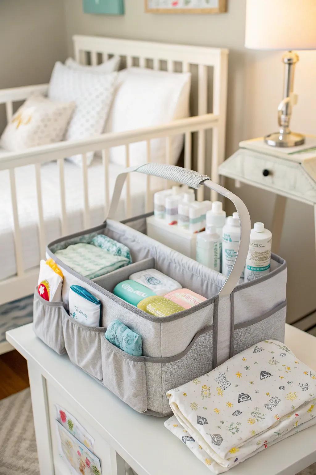 Mobile diaper carrier designed for convenient diaper changes anywhere within the home.