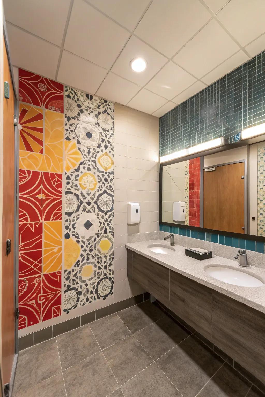 Artistic tile design contributes a stunning visual center point within the office lavatory.