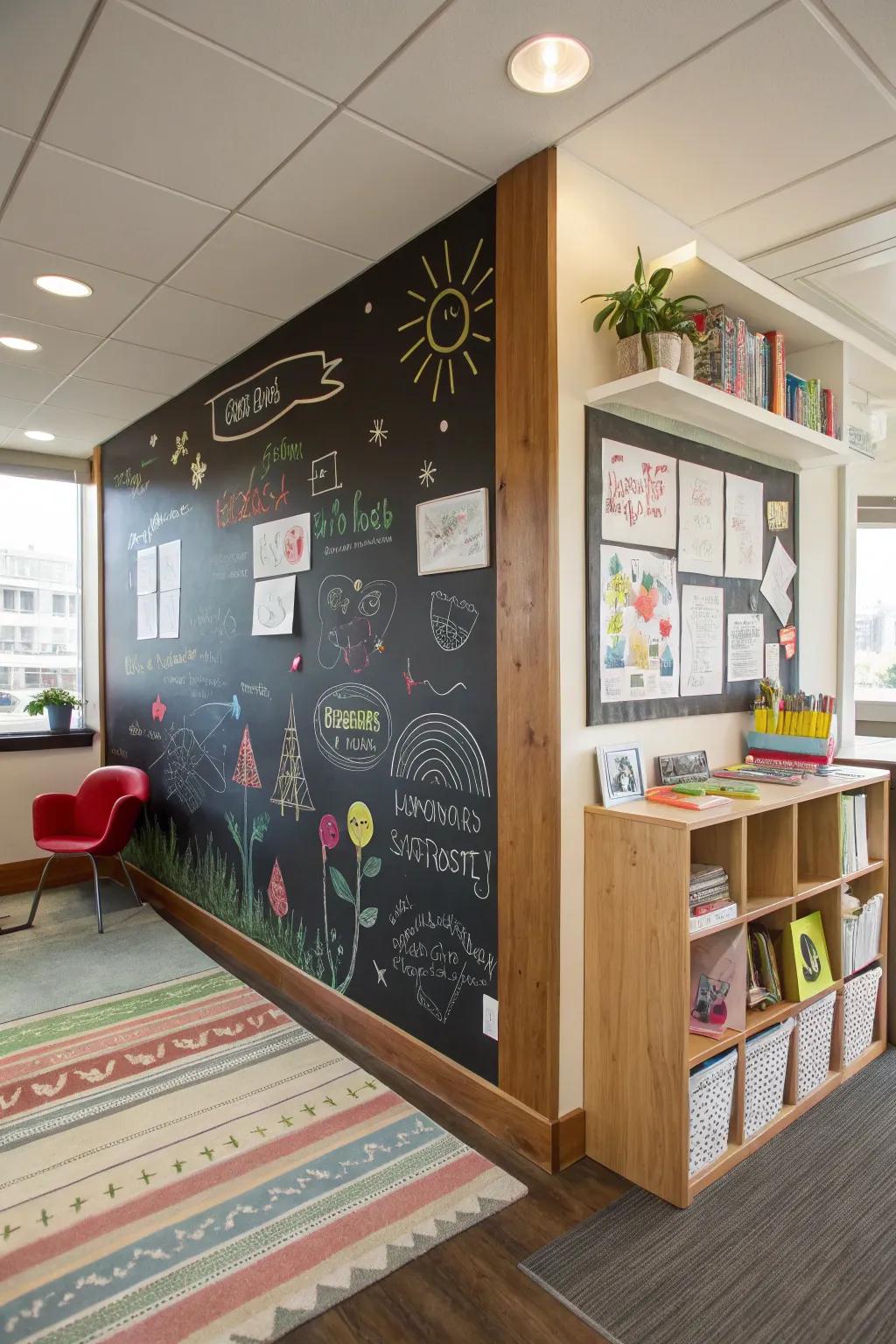 A kids' corner chalkboard keeps the little ones busy.