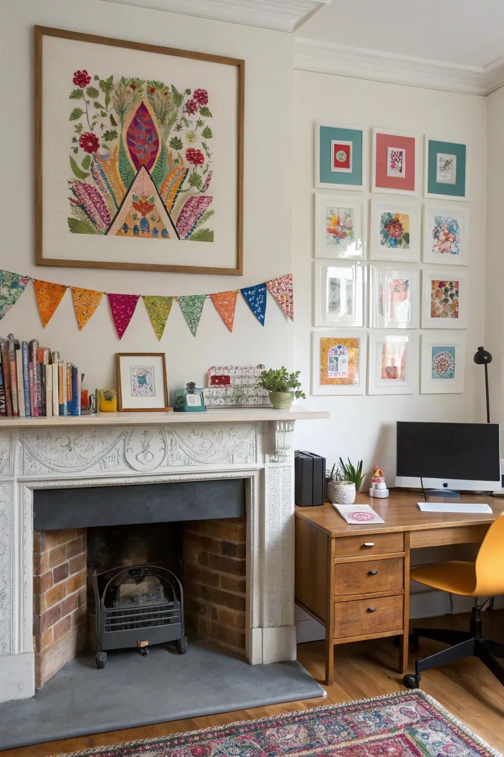 Colorful decor enlivens the office.