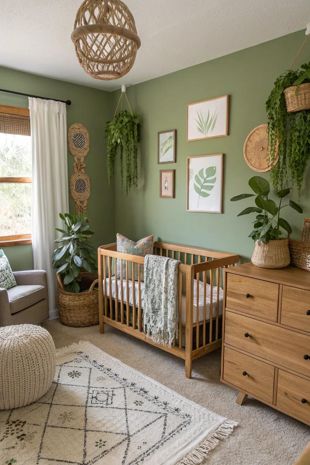 The soft olive green walls work perfectly in a nursery.