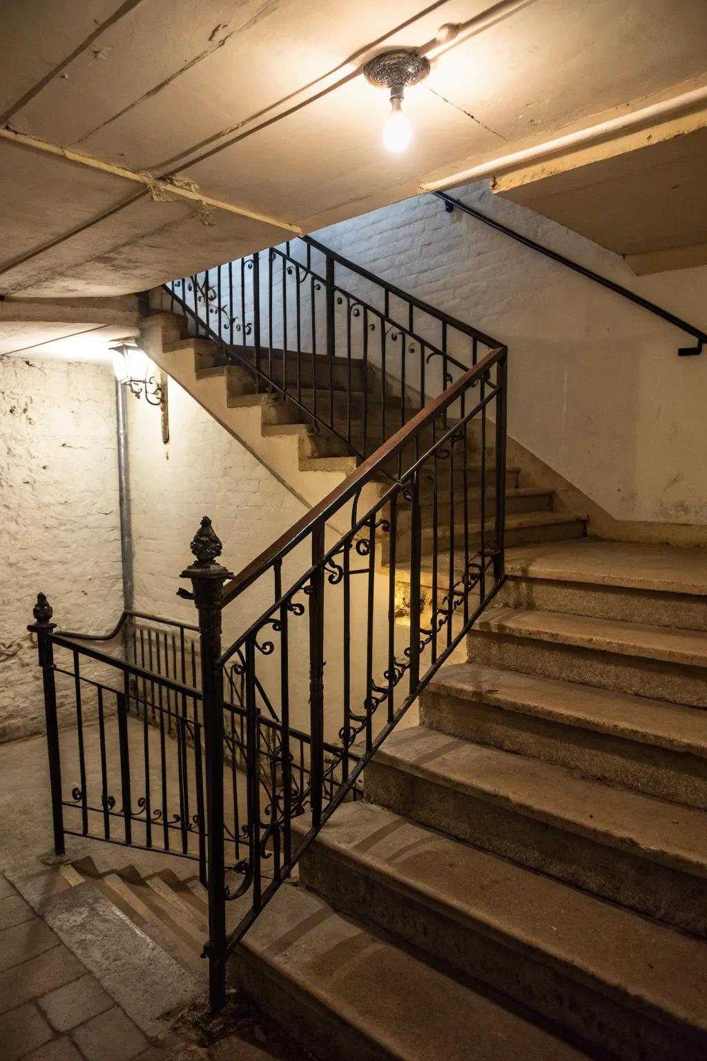 Wrought iron railings provide a timeless and elegant design.