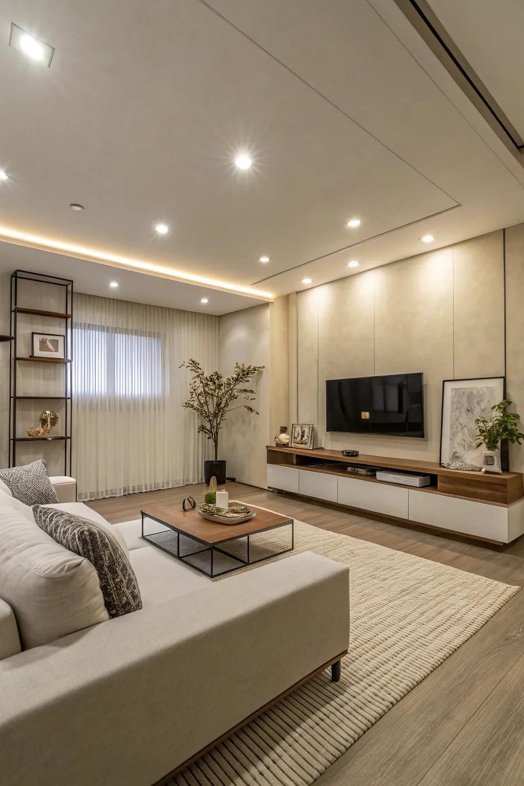 A minimalist family area showcasing sunken illumination elevating the uncluttered aesthetic.