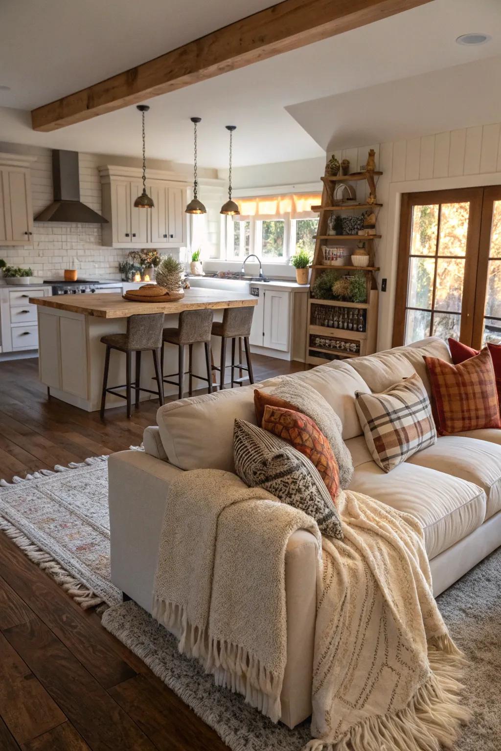 Comforting textiles create a homey sensation in this open plan.