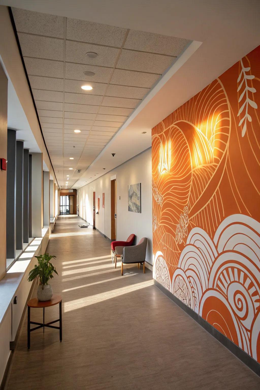 A hallway transformed into an art gallery with an abstract tangerine mural.
