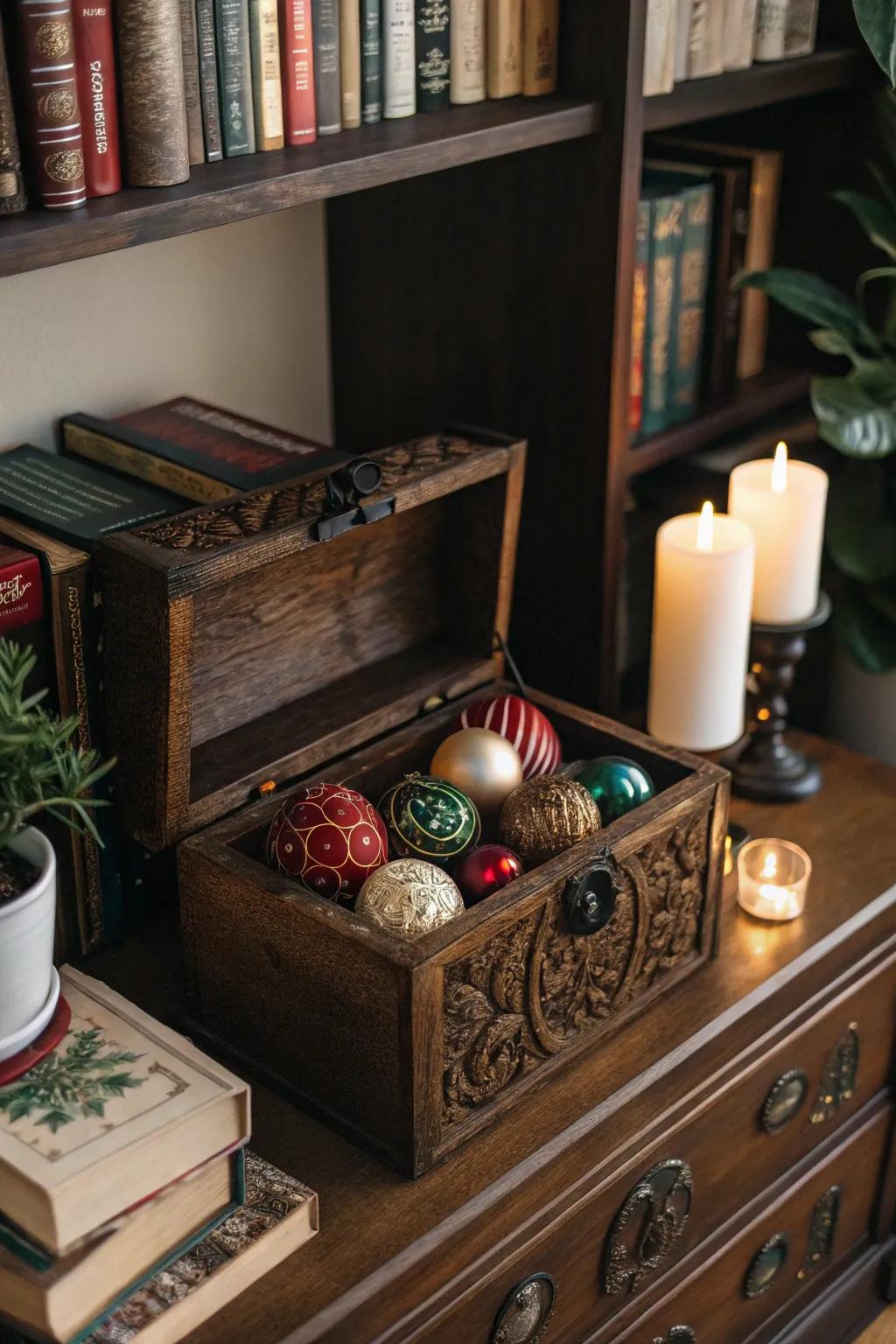 A nostalgic ornament display using a vintage box.