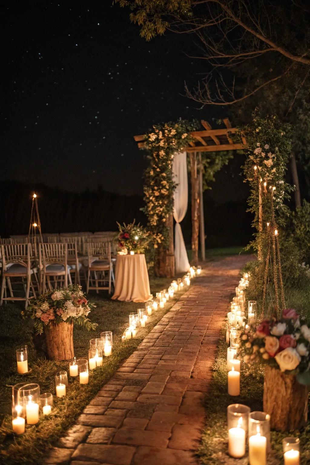 A romantic lighted path directing to the wedding ceremony.
