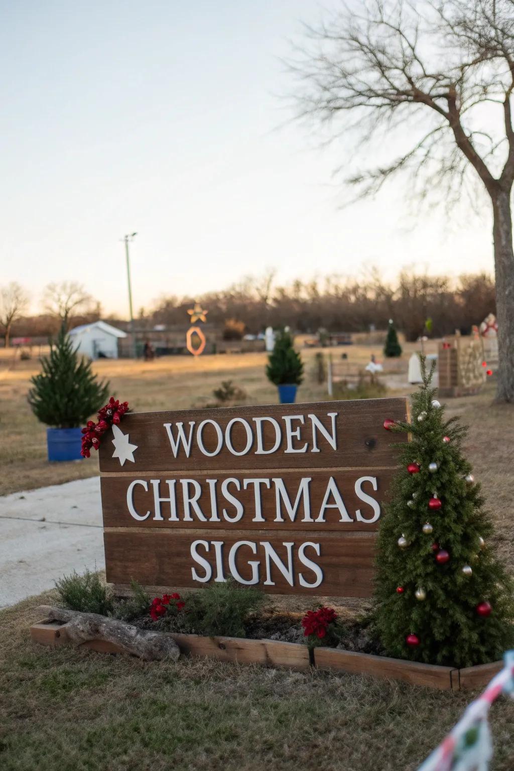 Add rustic charm with handcrafted wooden signs.