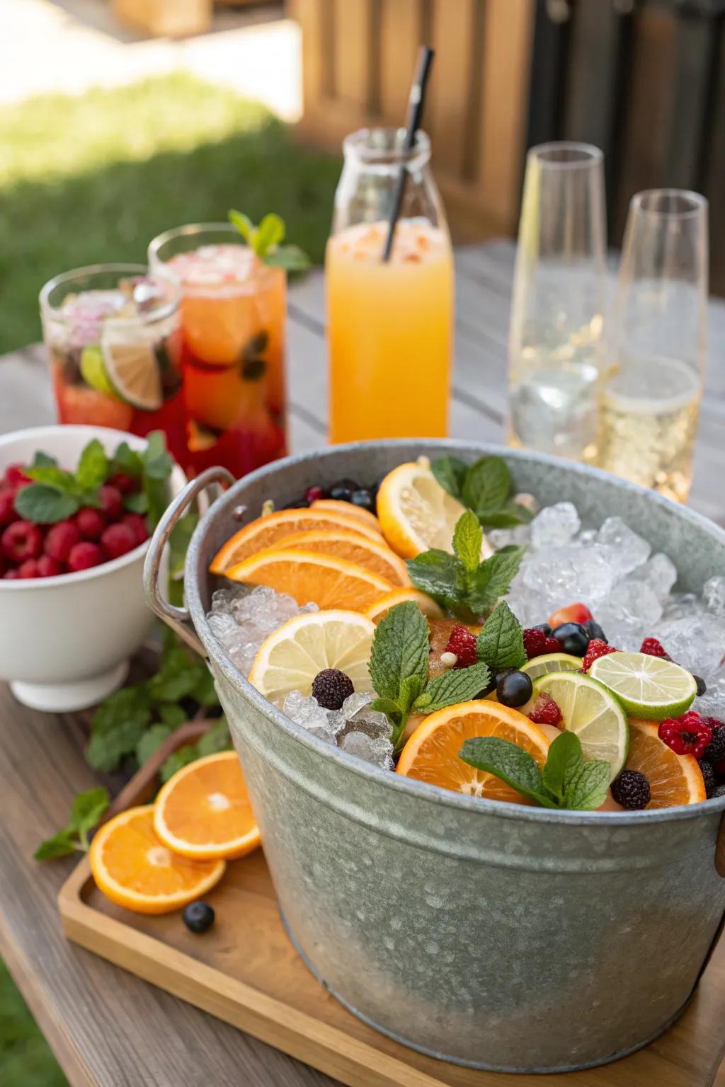 A crushed ice container with fruit garnishes infuses a refreshing element.