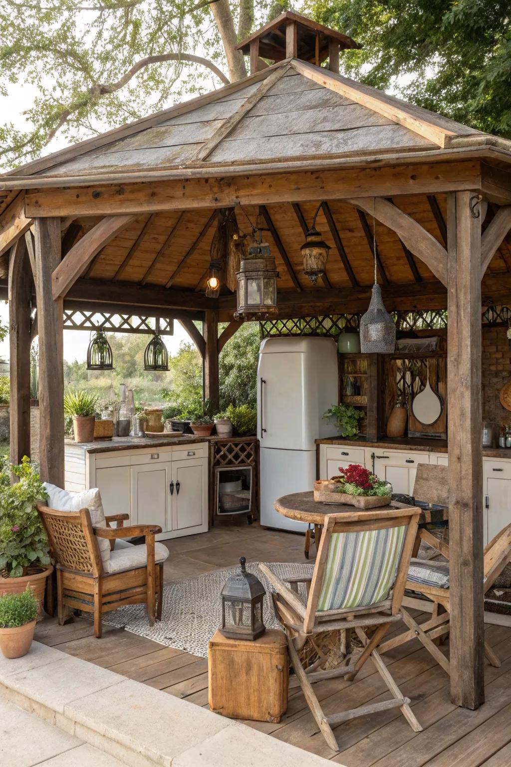 Convey nostalgic charm with a period-inspired outdoor kitchen gazebo.