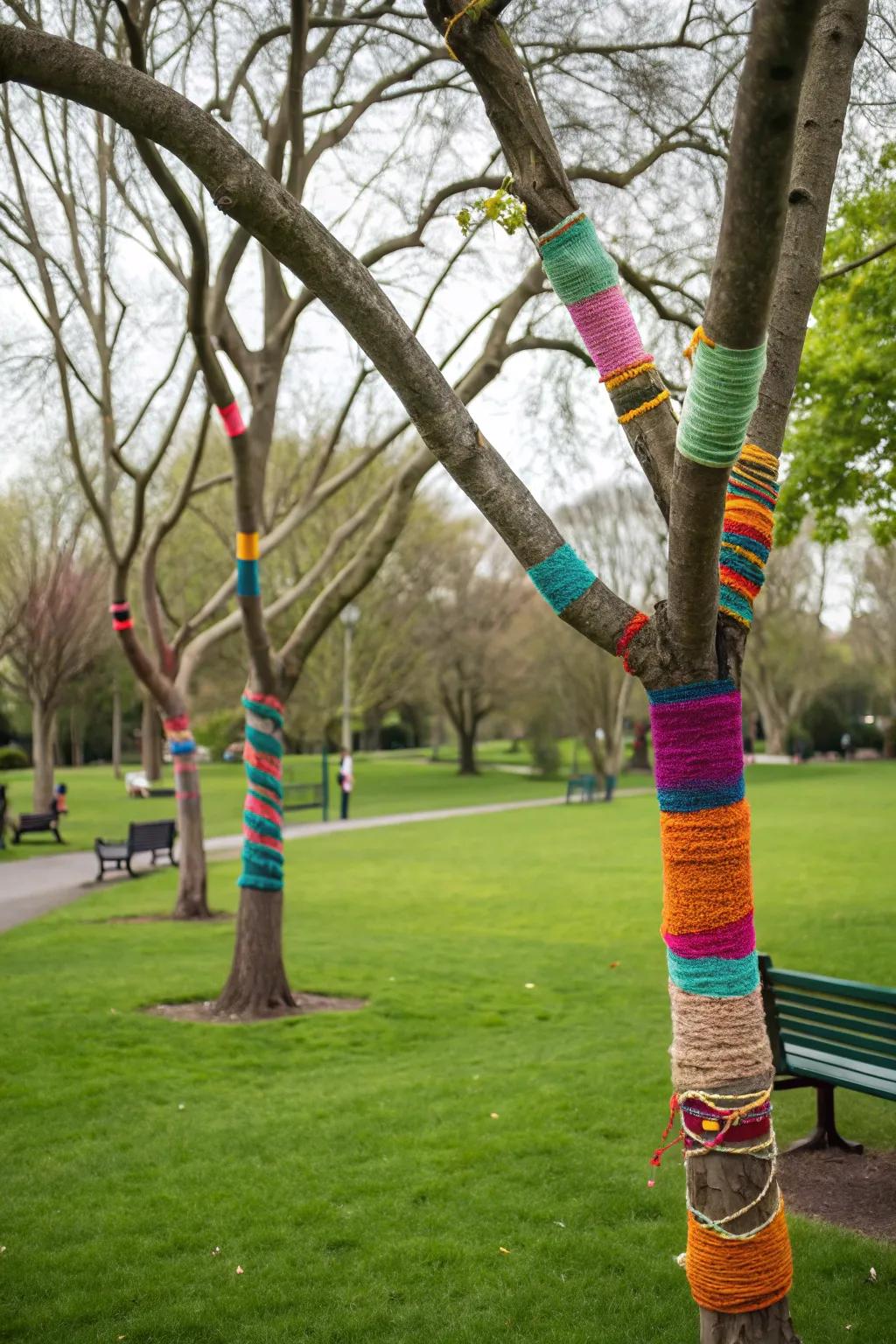Yarn-wrapped branches offer artistic flair and color to park decor.
