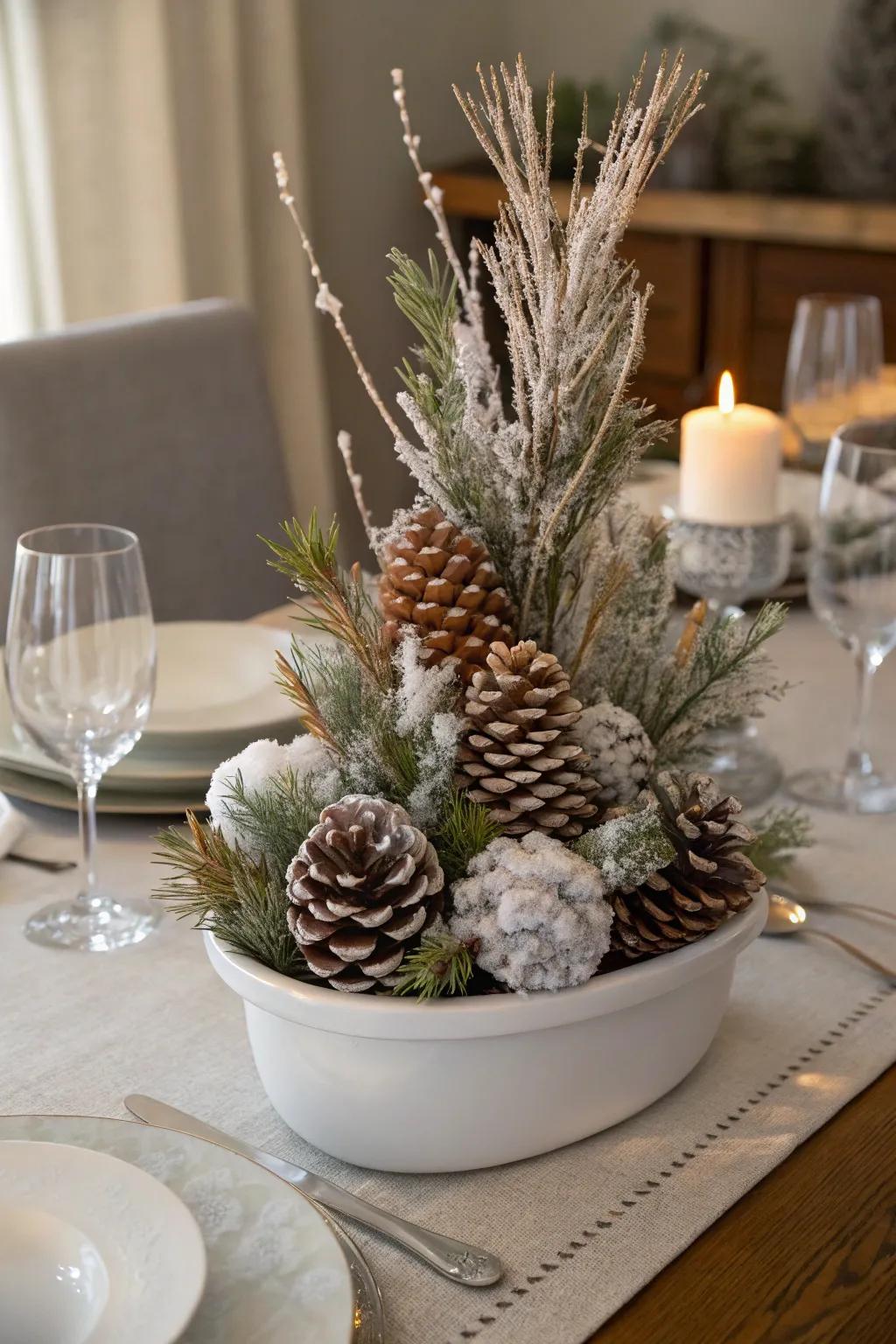 A frozen-themed centerpiece with frosted cones.