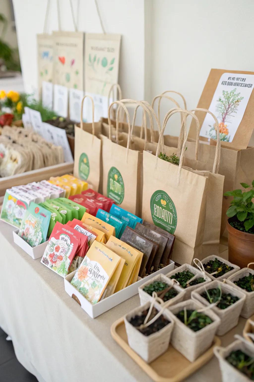 Highlighting eco-friendly favors like seed packets and reusable bags.