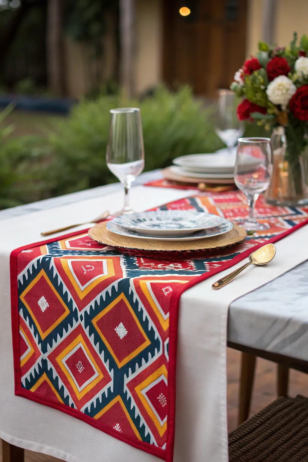 A bold table scarf introduces drama to your setup.