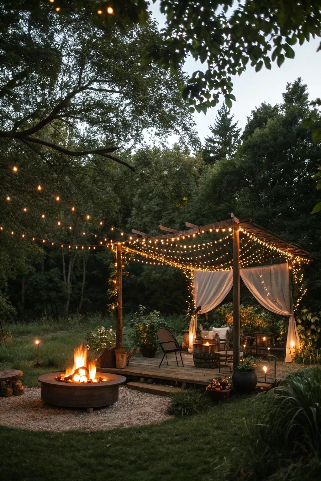 For your firepit area, a fairy light canopy adds a touch of magic.