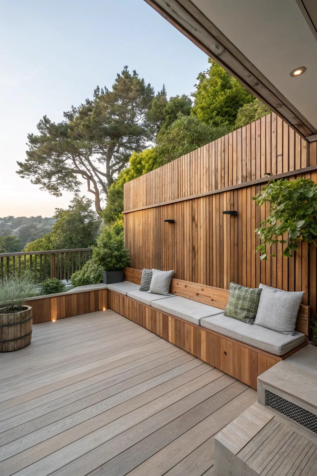 A patio showcasing a wooden structure with integrated seating.