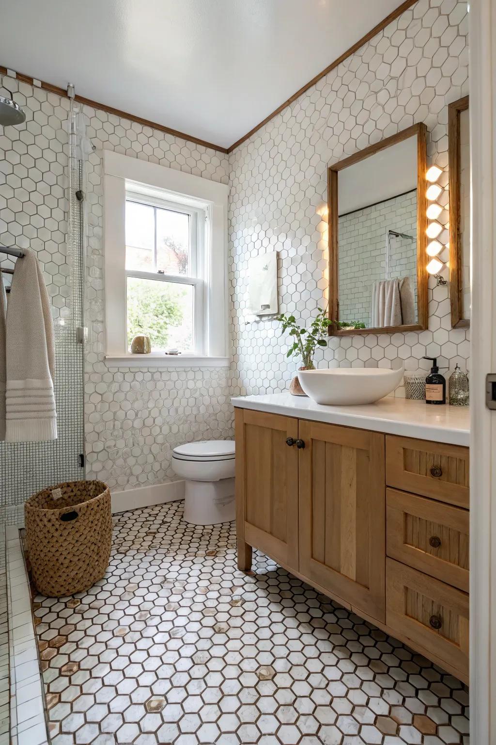 Penny tiles creatively used in surprising areas of the bathroom.