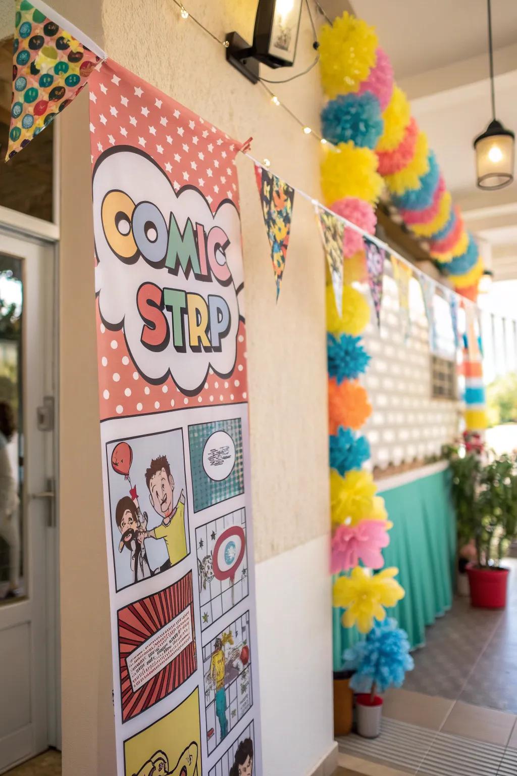 A comic strip banner with fun captions and speech bubbles.