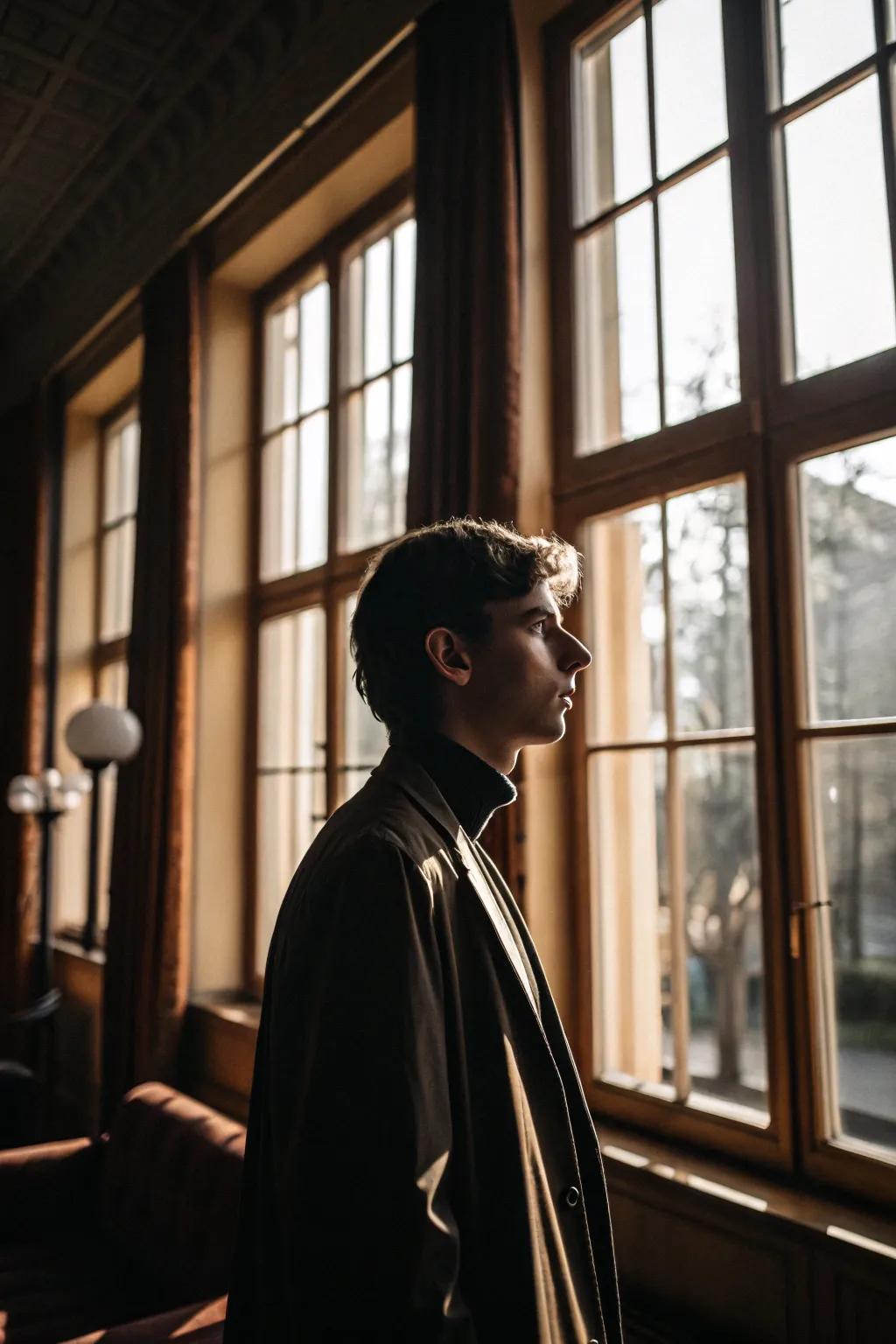 A portrait captured in a room with large windows and sunlight.
