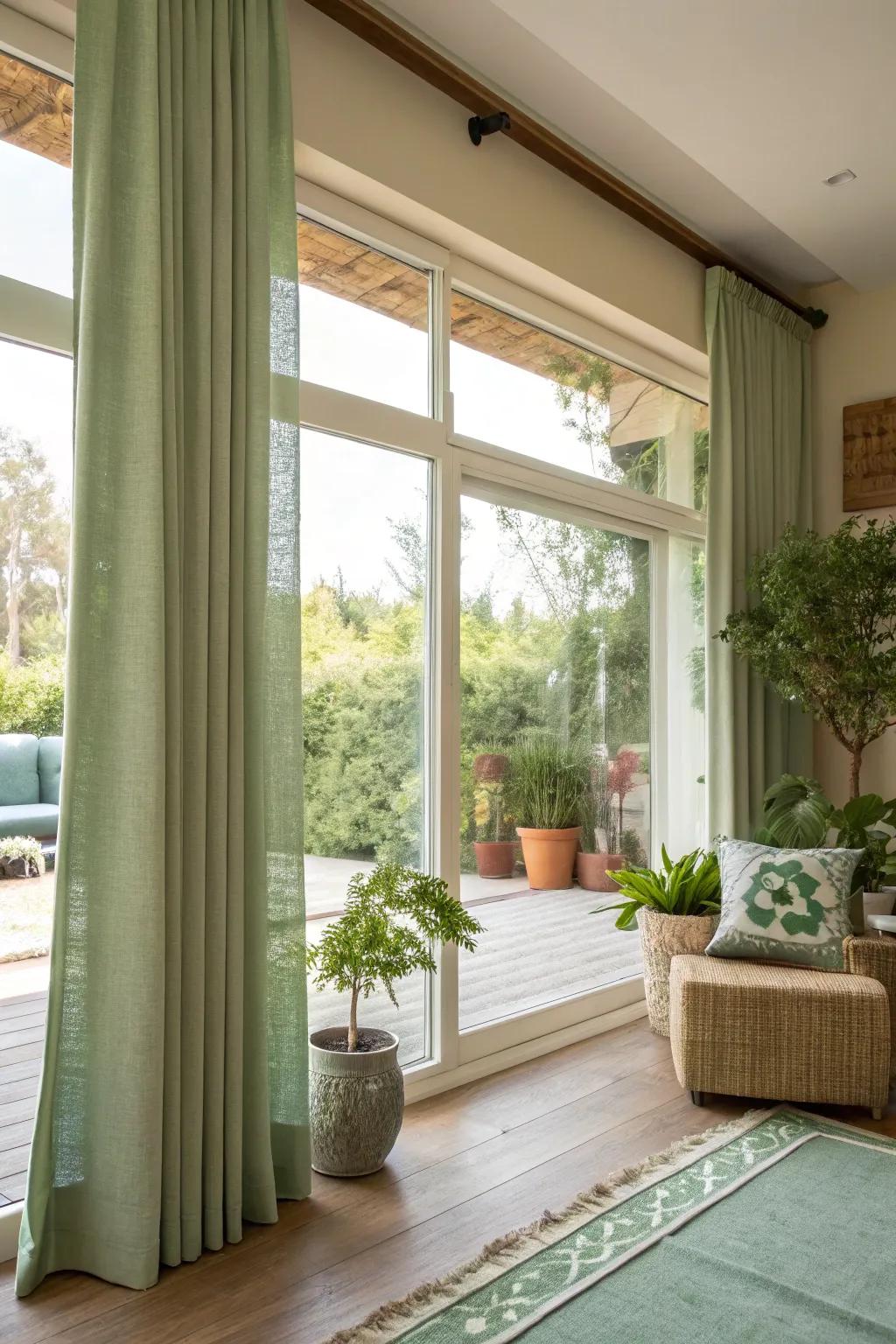 Eco-friendly home featuring sustainable fabric treatments on a picture window.