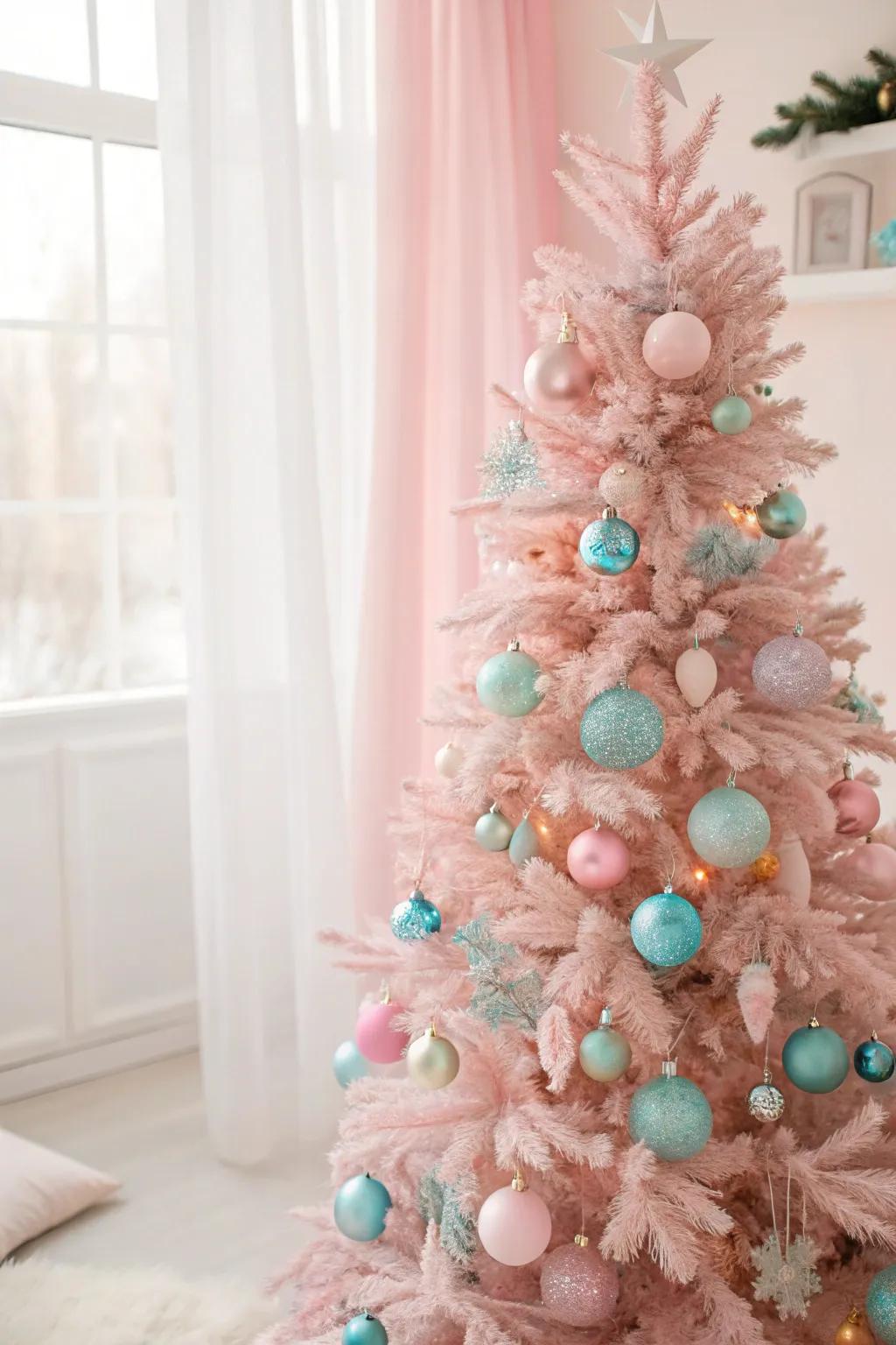 Gentle-hued ornaments transform this pink tree into a dreamy masterpiece.