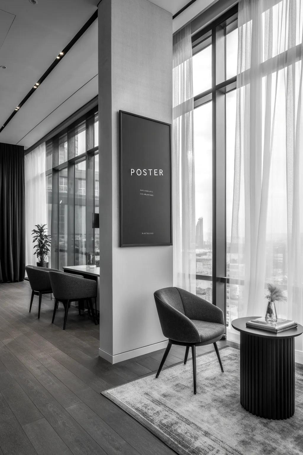 A monochrome black and white wall art adding sophistication to an office.