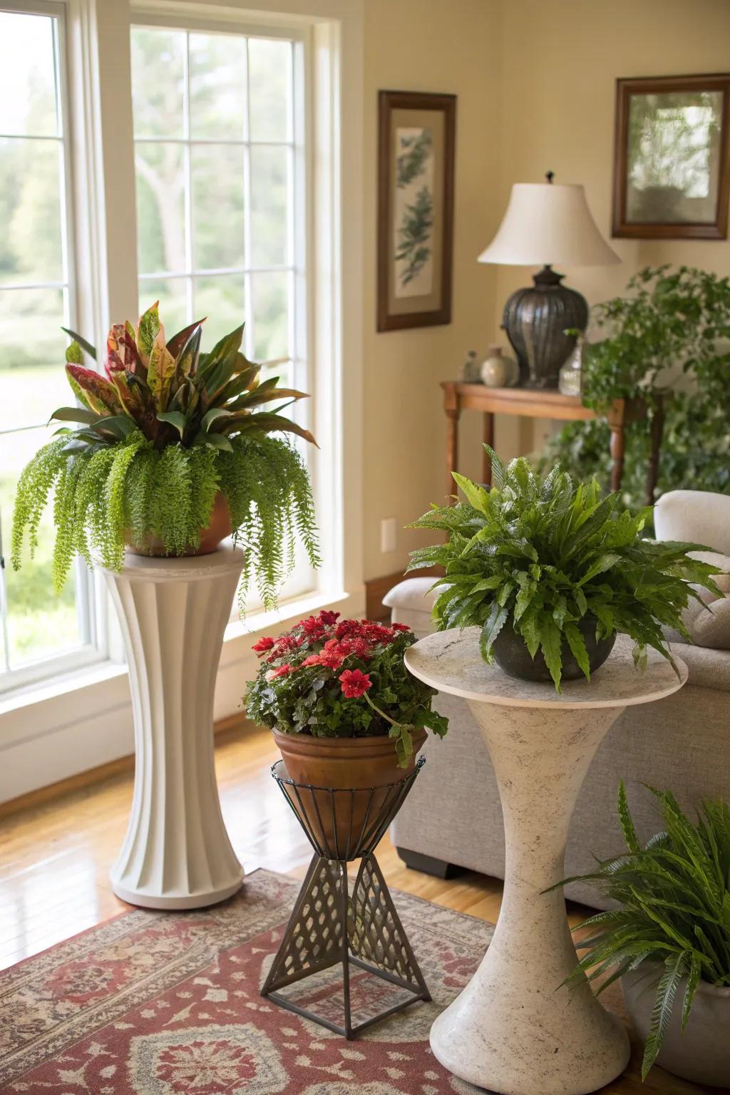 Add height and interest with sculptural plant stands.