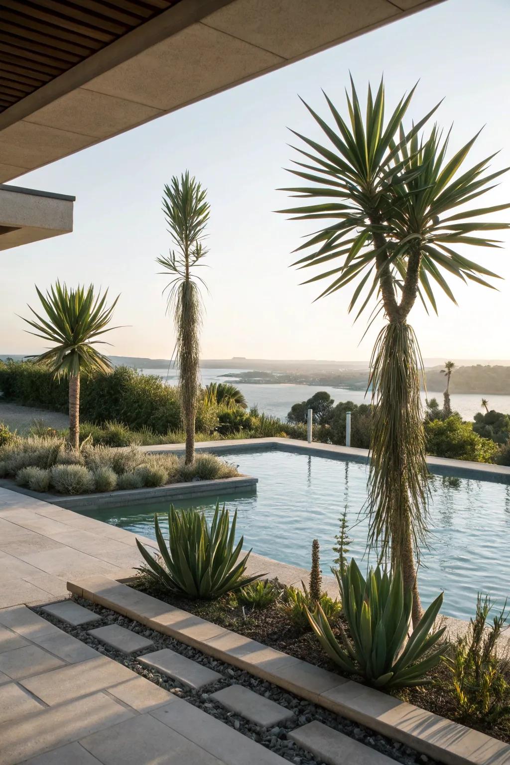 Yucca plants introduce a dramatic architectural touch.