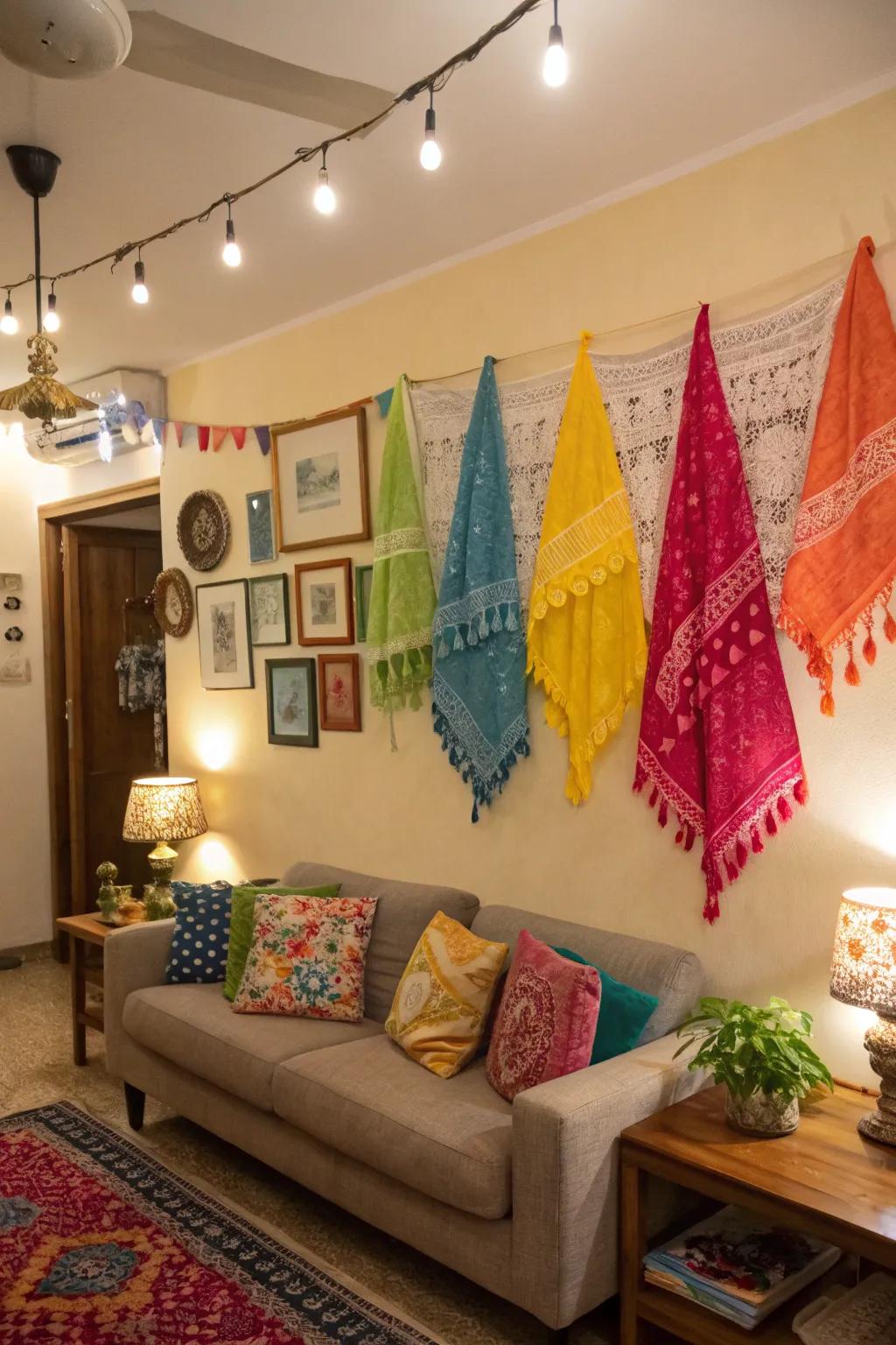 Brighten your walls with vibrant cloth hangings.