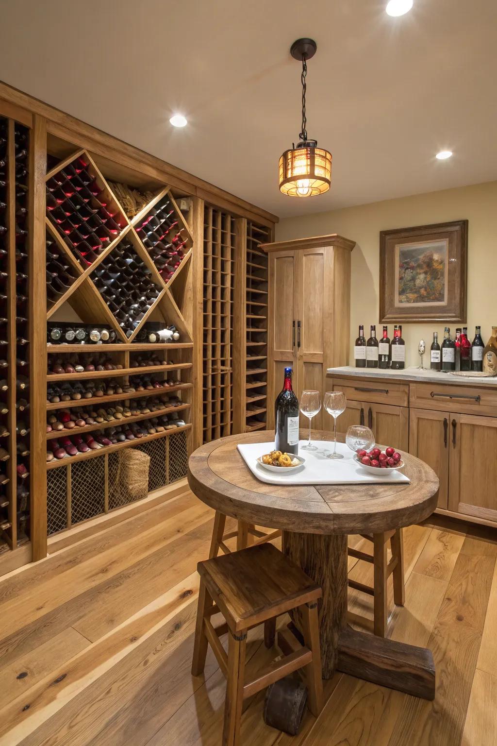 Wine racks and a tasting table are features of a wine storage in a pole barn.