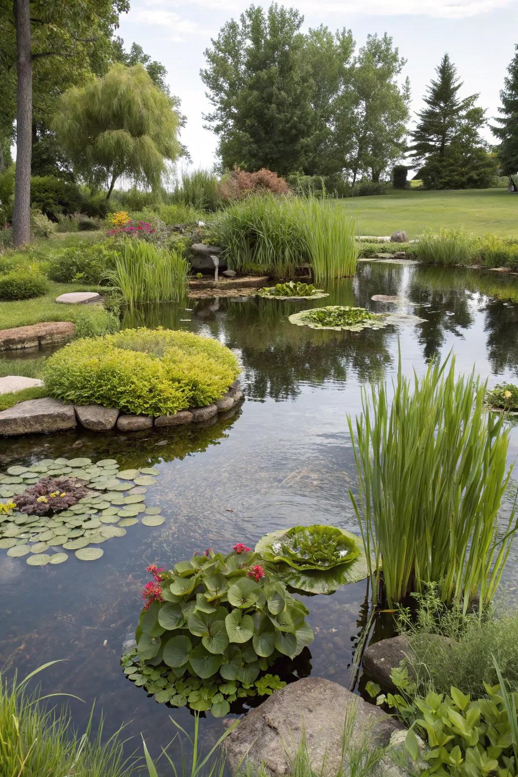 Drifting green patches infuse vibrant interest into a backyard pond.