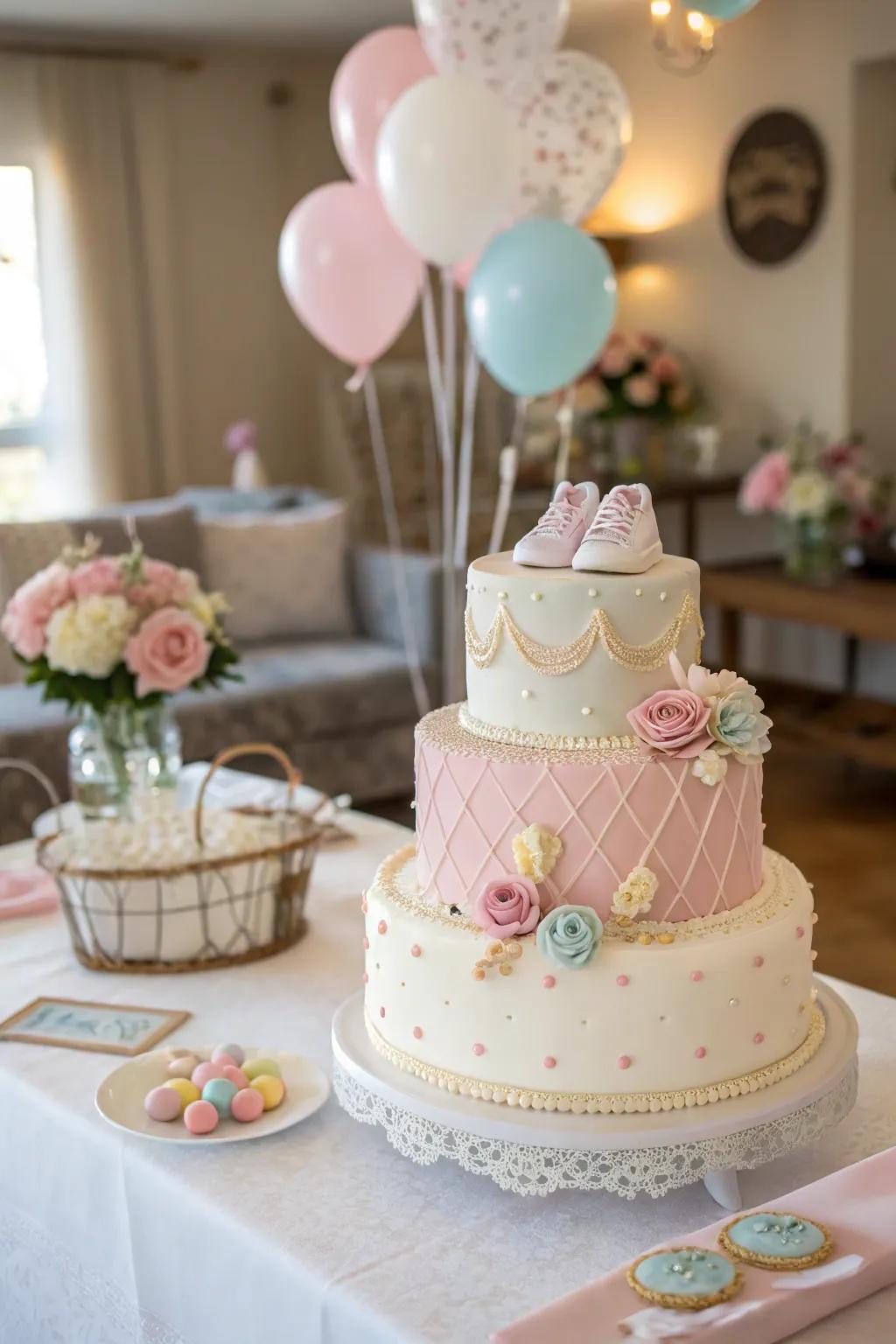 A bespoke infant shower cake that functions as both a showpiece and a delicacy.