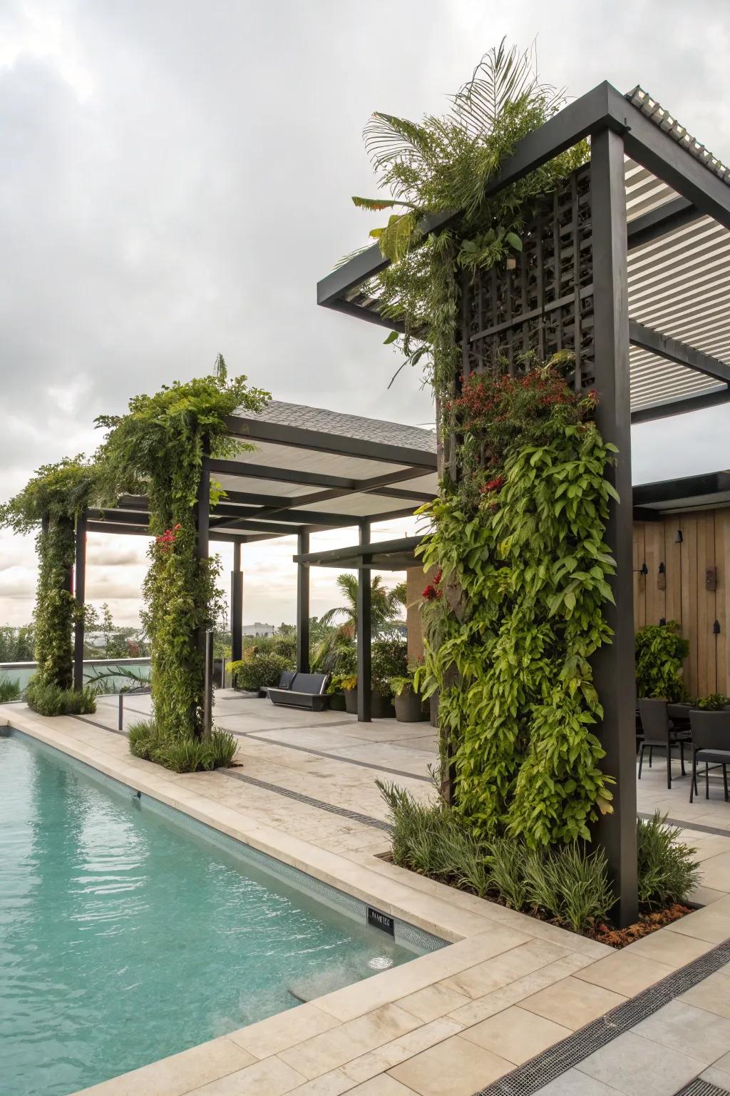 Vertical gardens adding greenery and cooling benefits to poolside shade.