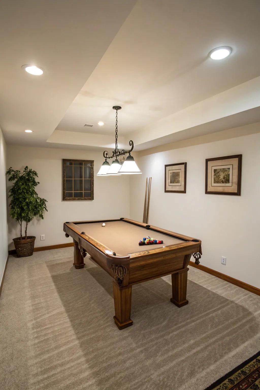 Clean design elements ensure a clean and elegant look in a small pool room.