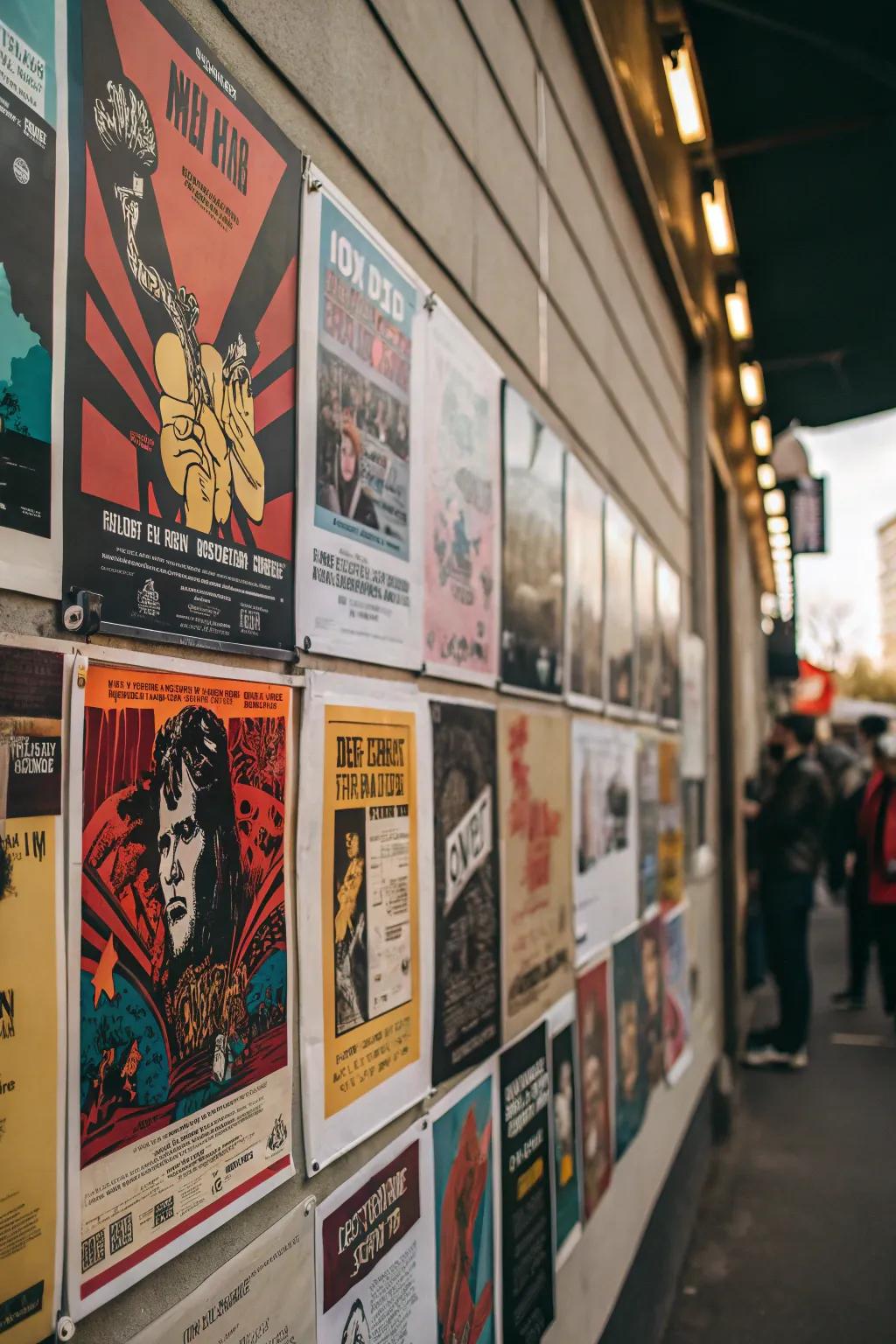 Eclectic posters make for a dynamic decor.