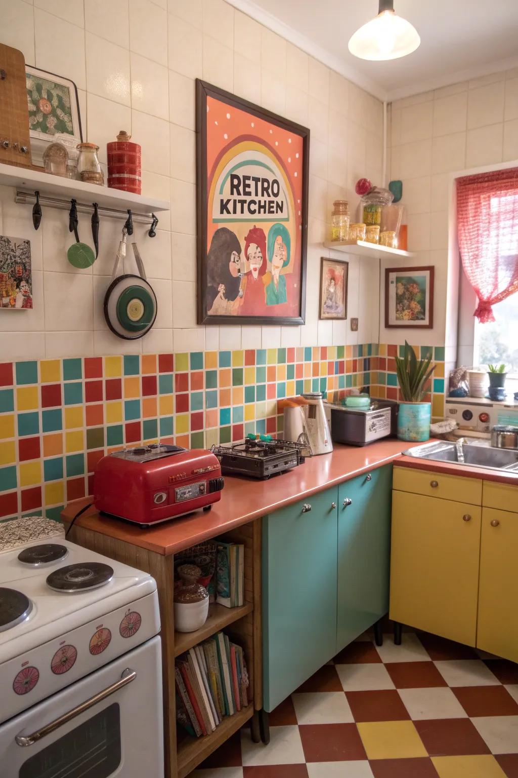 A retro name display adding a nostalgic feel to a lively kitchen.