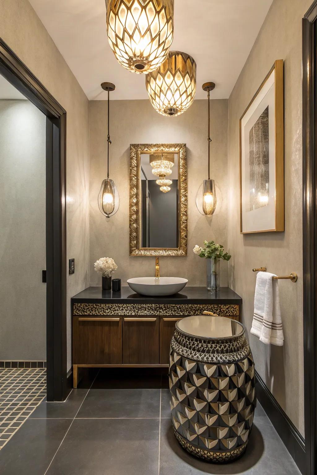 A powder room featuring eye-catching fixtures that capture attention.