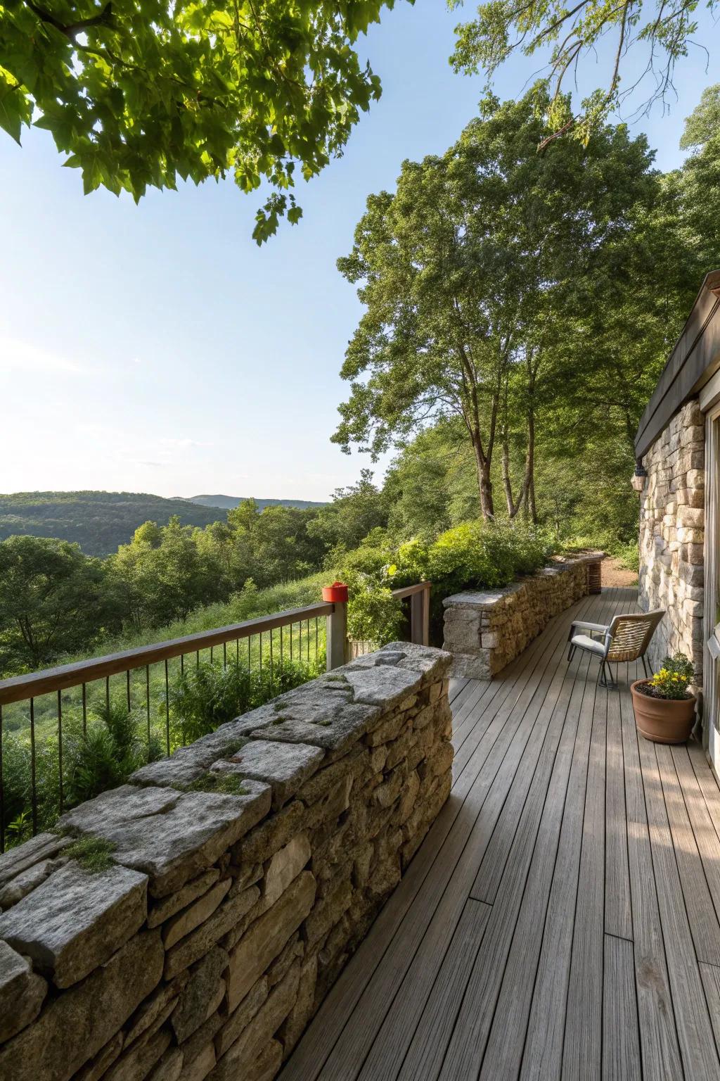 A countryside stone barrier infuses seclusion and charm to a deck.