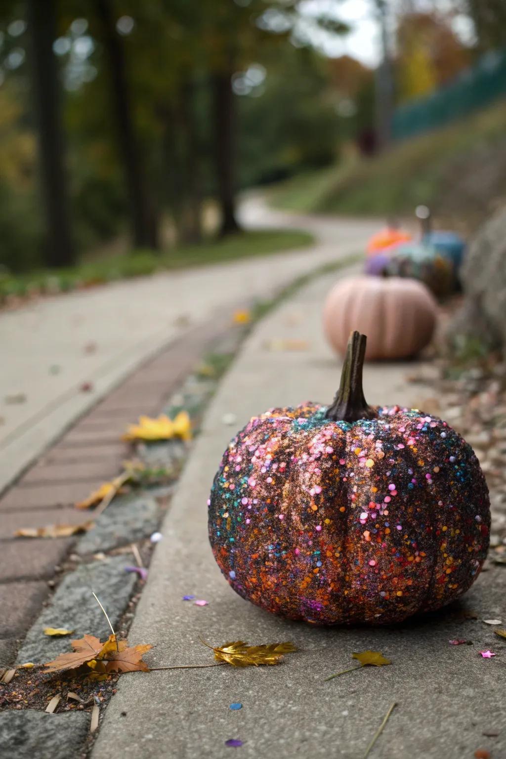 A fireworks-inspired sparkle pumpkin that dazzles in the gloom.