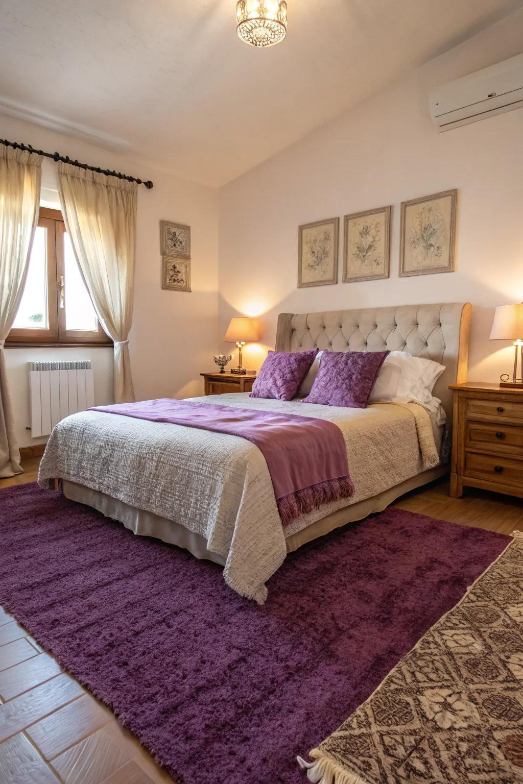 A saturated purple ground covering stabilizes the area and introduces warmth.