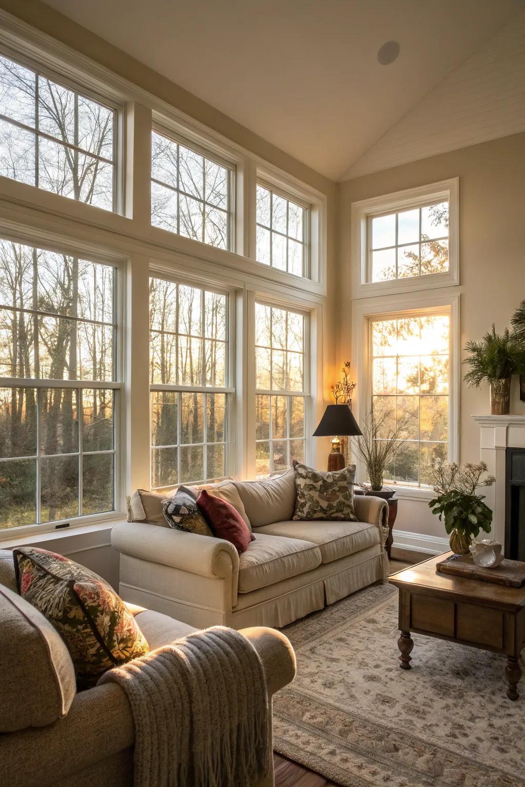 A vibrant and spacious living room with lengthened windows.