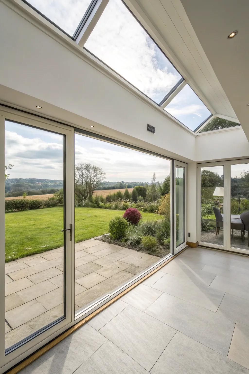 A rear extension with creative corner windows offering expansive views.