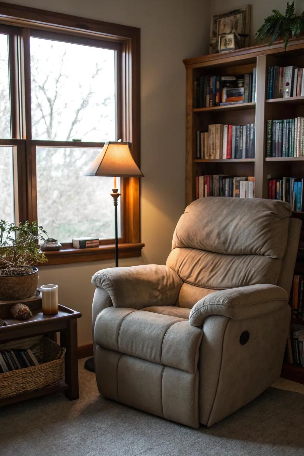 A snug perusing alcove showcasing a reclining sofa and a well-stocked bookcase.