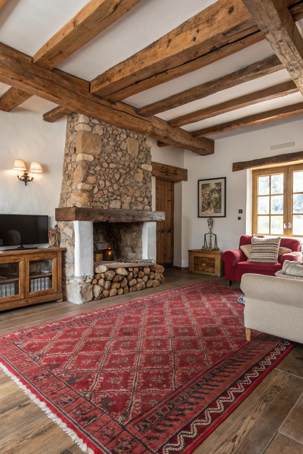 Rustic charm shines through with a cozy scarlet carpet and wood tones.