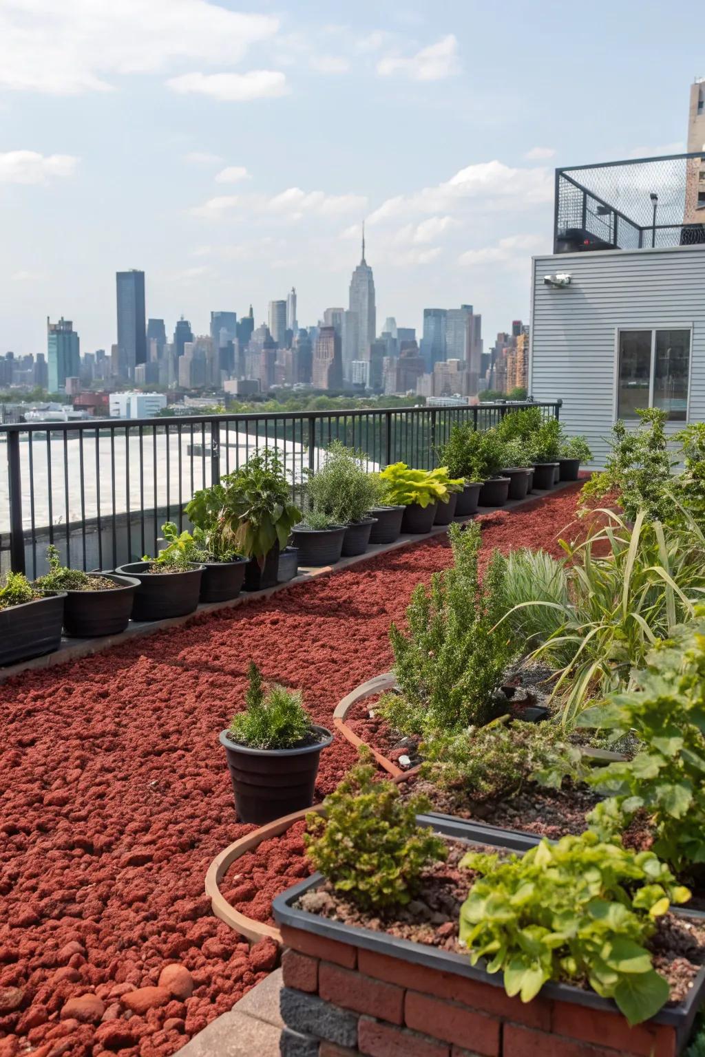 Scarlet volcanic stones add elegance and practicality to this elevated garden retreat.