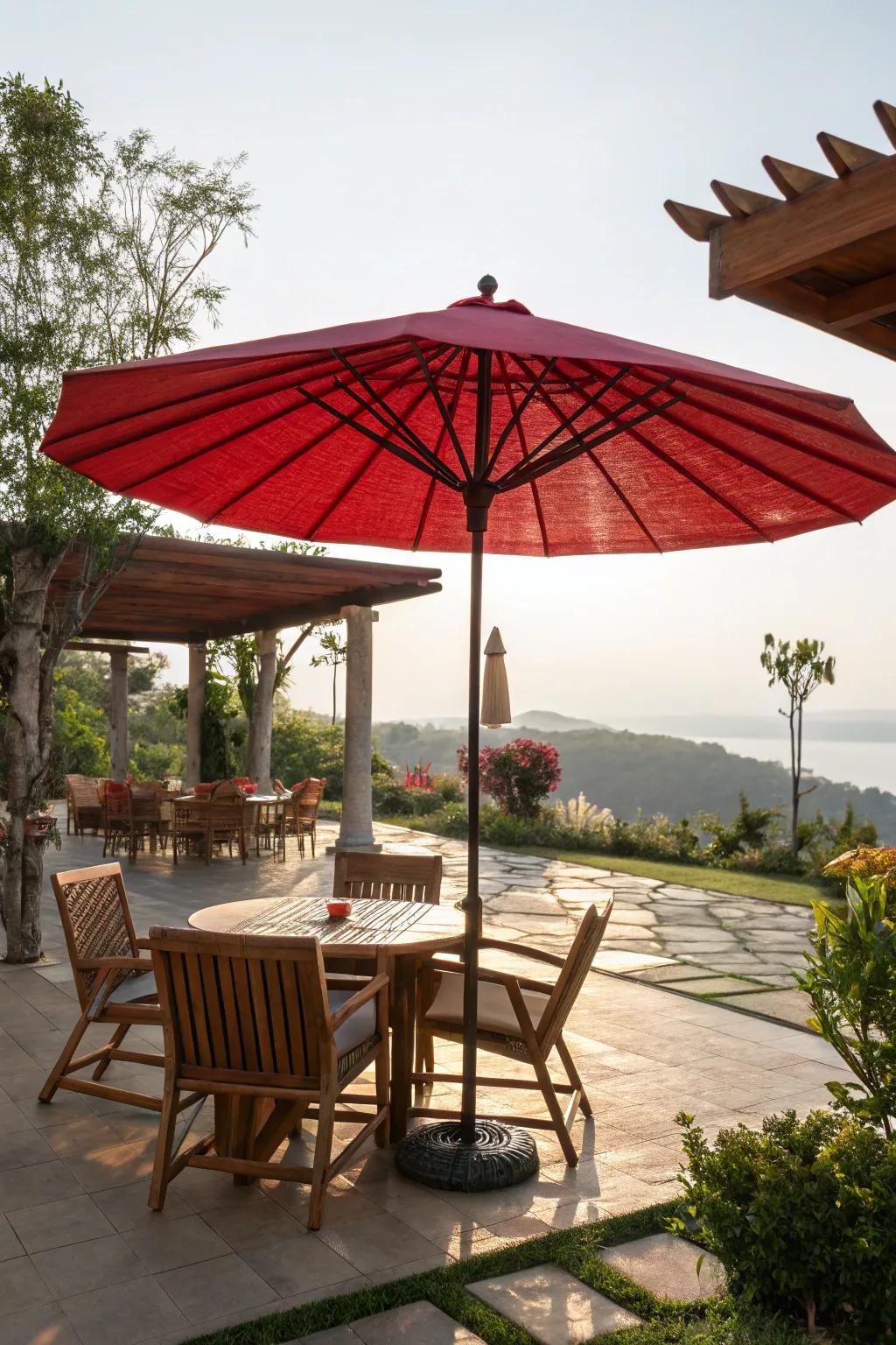 A scarlet umbrella offers stylish sun protection.